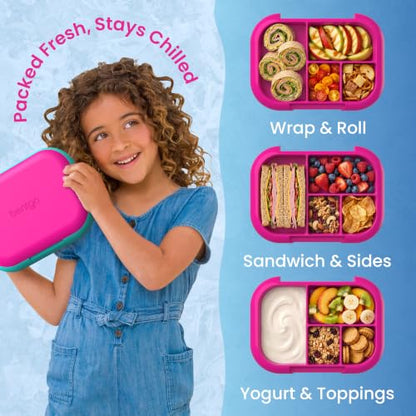 Bentgo Chill Kids Leakproof Lunch Box - 4-Compartment Bento Box with Built-In Ice Pack, 3.3 Cup Capacity, BPA-Free, Microwave & Dishwasher Safe Tray, Ages 3–7 (Fuchsia/Teal) - color: Fuchsia/Teal