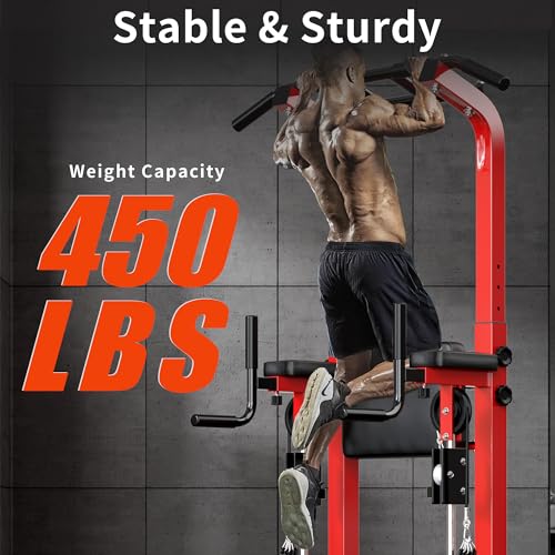 SogesHome Power Tower Pull Up Bar and Dip Station, Multi-Function Free Standing Pull Ups, Adjustable Height Dip Bar Strength Training Workout Equipment, Pull Up Stand Workout for Home Gym Exercise Equipment - color: Red