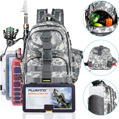 PLUSINNO Fishing Backpack Tackle Bag, Water-Resistant Backpack with Rod Holder, Ideal Shoulder Bag Gifts for Men - color: Acu Single Backpack