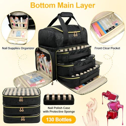 Veirdro Nail Polish Organizer Backpack Holds 130 Bottles (15ml/0.5fl.oz)& Nail Lamp, Extra Large Nail Kit Storage Bag with 3 Removable Carrying Cases, Nail Tech Supplies Organizer Case for Women Black