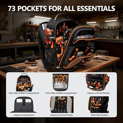 Tool Bag Backpack Heavy Duty 1680D Oxford, 75 Pockets & Loops Electrician Backpack, Large HVAC Tool Bags with Hard Bottom, Construction Work Technician Backpacks with 16’’ Laptop Compartment for Men