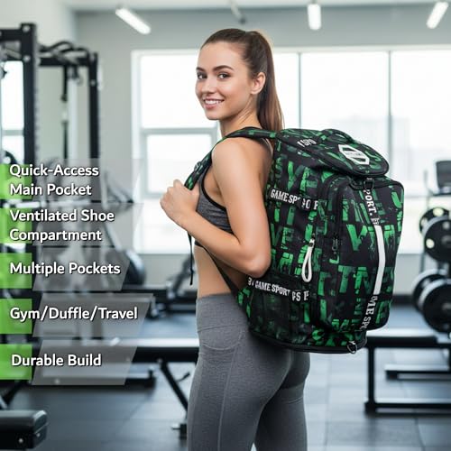Gym Duffle Bag Backpack with Shoe Compartment,4 ways Travel Backpack for Women and Men,Multi-Functional Weekender bag with Waterproof Layer&Laptop Compartment for Fitness, Travel,Camping - color: Green