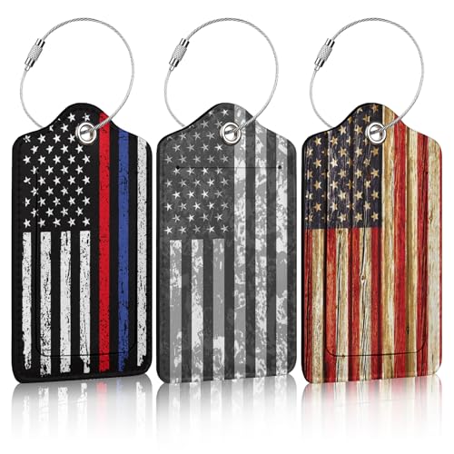 3 Pack Vintage American Flag Luggage Tags for Suitcase USA Flag PU Leather Travel Luggage Tag Privacy Cover ID Label for Women Men Baggage Backpack Handbag School Bag - color: Vintage American Flag