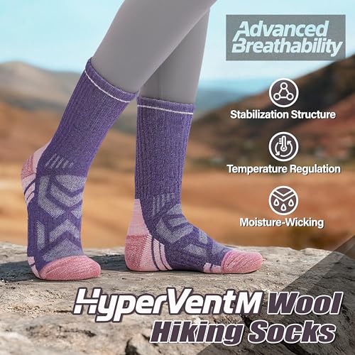 ANTSANG Merino Wool Hiking Socks, Enhanced Breathability, Targeted Cushion Thermal Socks for Men and Women, 5 Pairs - color: Yellow/Green/Purple/Pink, size: Large