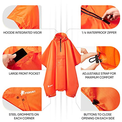 PTEROMY 3-in-1 Hooded Rain Poncho for Adult with Pocket, Waterproof Lightweight Unisex Raincoat for Hiking Camping Emergency - color: Orange 1/4 Zipper