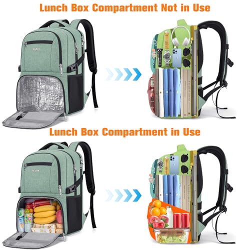 Insulated Lunch Backpack Fit 17" Laptop, Work Backpack with Lunch Box for Men & Women, Water Resistant College Computer Bag for Travel, Business, Hiking - color: Green