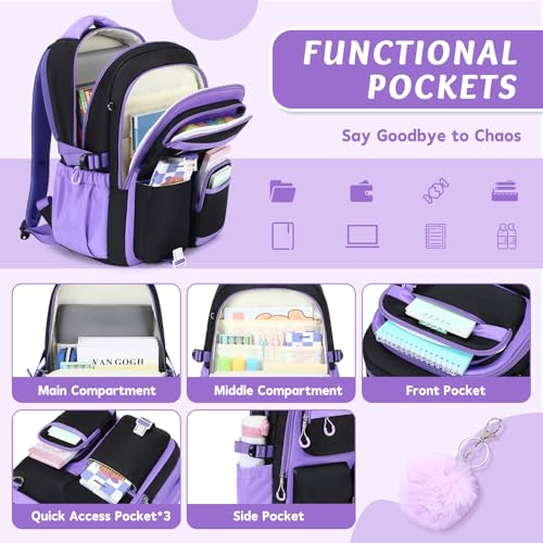 MUSEVOS Kids Teenage Girls Backpack, Elementary/Middle/High Schoolbag, Multi-Compartment Water-resistant Cute Bookbag, 17inch - color: Black-purple