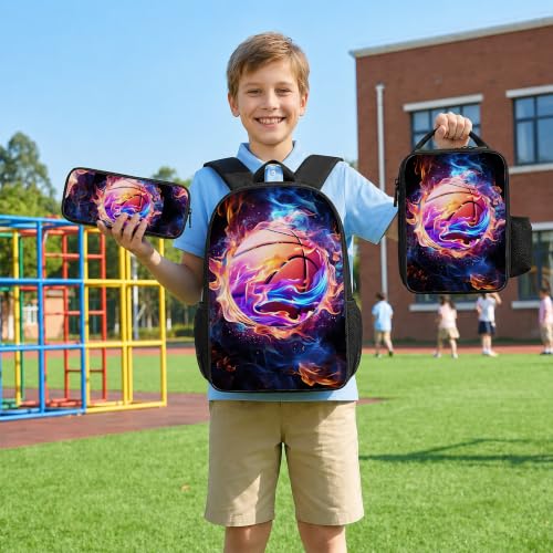 Basketball Backpack Set for School,17 Inch Casual School Bags with Lunch Box, Kids Daypack Bags and Pencil Case Set for Teens Boys Men Students - color: Basketball
