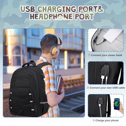 ACESAK Camo Backpack for Boys, Tactical Kids Backpack Boys, School Bags for Boy Children Teens Kids Elementary Middle High School, Military Bookbag and Lunch Bag Pencil Case Set with USB Charging Port - color: Black