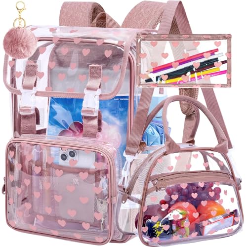 3Pcs Pink Clear Backpack for School, Girls Kids Transparent Bookbag Set, 17" Stadium Approved See Through Backpack with Lunch Box (Pink) - color: Pink Love01