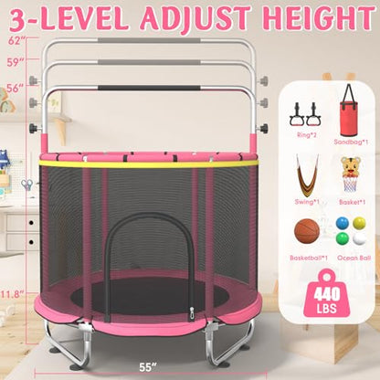 Trampoline for Kids, 55" Indoor & Outdoor Toddler Trampoline, Anti-Rollover Bottom Kids Toys with Adjustable Gymnastics Bars, Toddler Swing, Basketball Hoop - color: RoseRed