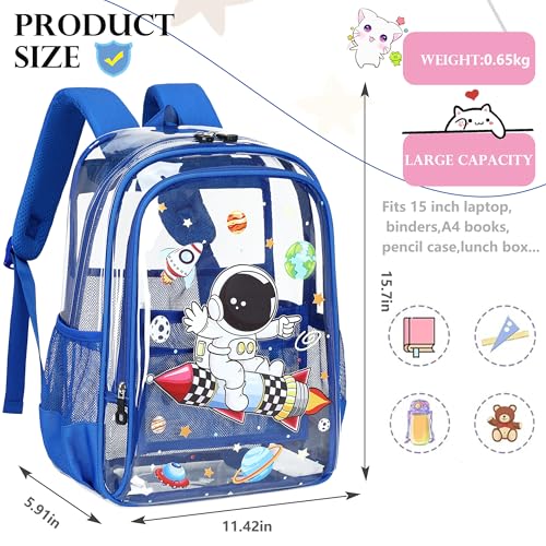 AO ALI VICTORY Clear Backpack for School,PVC Transparent Kids Bookbag for Girls Boys Cute Toddler Back Pack Kindergarten Elementary Schoolbag Stadium Approved See Through Backpacks,Blue Astronaut - color: Blue Astronaut