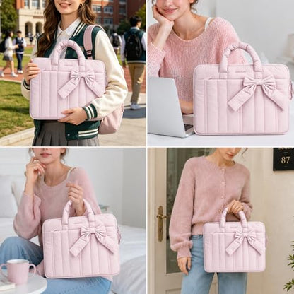 MOSISO Laptop Case 13.3 inch, 13-13.3 inch Puffy Laptop Sleeve Compatible with MacBook Neo/Air 13.6 M5 M4 M3 M2 M1/Pro 13/14, HP Dell ASUS Lenovo, Rectangle Quilted Carrying Bag with Bow&Handle, Pink - color: Pink, size: 13.3 inch