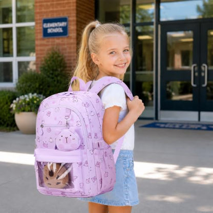 Capybara Theme Backpack for School Girls, 35PCS Kids Backpack Set with School Supplies Stationery Kit Lunch Box Pencil Case, Cute Girls Bookbag for Kindergarten Elementary Student - color: Purple