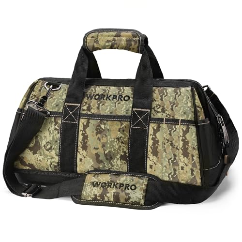 WORKPRO 16-Inch Wide Mouth Tool Bag with Water Proof Molded Base | Multi-Pocket Tool Bags for Men, Adjustable Shoulder Strap, Waterproof Oxford Fabric - color: Camouflage