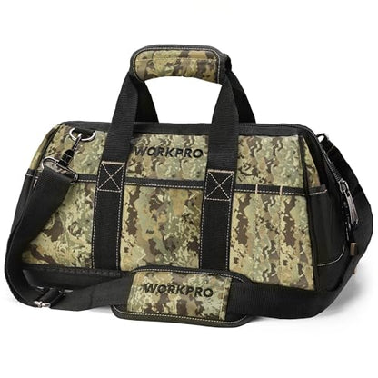 WORKPRO 16-Inch Wide Mouth Tool Bag with Water Proof Molded Base | Multi-Pocket Tool Bags for Men, Adjustable Shoulder Strap, Waterproof Oxford Fabric - color: Camouflage
