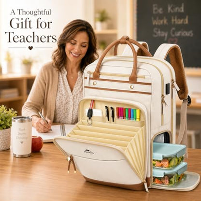 MATEIN Teacher Backpack with Lunch Compartment Detachable, 15.6 Inch Laptop Backpack with Organized Pocket, College Computer Work Backpacks Meal Prep Bag Gift for Women Nurse Commute Office - color: Beige