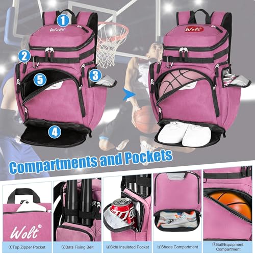 WOLT Basketball Backpack, Basketball Bag for Men with Shoes Compartment, Sports Backpack for Baseball, Soccer, Football - color: Pink