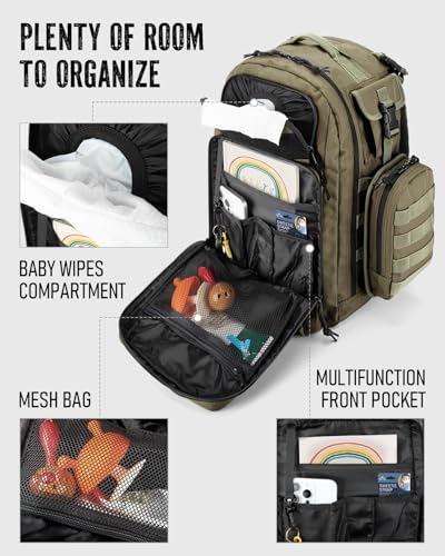 Dinictis Dad Diaper Bag, Mens Diaper Bag Backpack with Diaper Changing Mat, Military Diaper Backpack with Molle Webbing, Waterproof Pouch, Baby Wipes pocket, Insulated Bottle Pockets- Jungle Green - color: Jungle Green