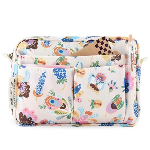 Portfolio Organizer with Multiple Pockets, Waterproof Travel Zippered Toiletry Bag, Portable Storage Pencil Pouch for Notebooks, Stationeries, Make-up, Journal Office Art Supplies.Feather Flower - color: Feather Flower