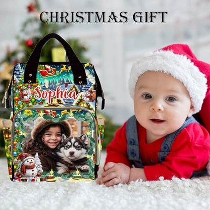 Custom Diaper Backpack with Photo, Christmas Personalized School Bag, Monogram Nappy Backpack with Thermal Pockets for Adults Kids, Large Capacity Waterproof Diaper Bag Xmas Gift - color: A-color-6