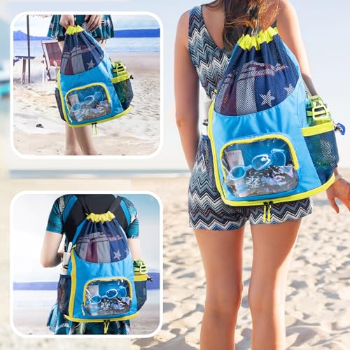 Mesh Drawstring Backpack with Shoe Compartment, Sandproof Beach Swim Bag with Wet Pocket, Pool Gym Shower Bag for Travel Summer Camp - color: Blue - Neon Yellow, style: Style a