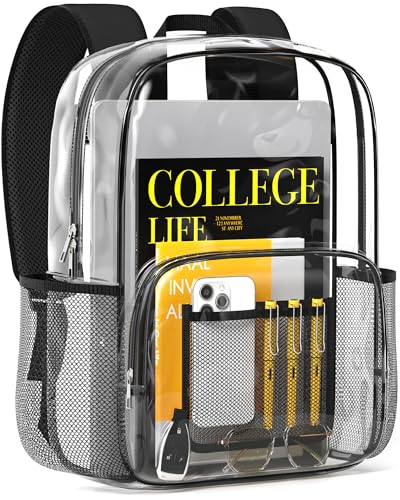 HOTOR Clear Backpack - Multi-Pocket Bookbag, Cold-Resistant PVC Waterproof Work Bag & College Backpack with Padded Shoulder Straps for Travel, Festival, 16.0" x 12.0" x 7.0", Black - size: Medium