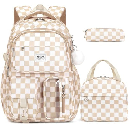 ACESAK Backpack for Girls - Girls Backpack with Lunch Bag & Pencil Pouch for Teen Kids Laptop Backpack for Women, Elementary Middle High School Bookbag Travel Daypack (Brown Checkered) - color: Brown Checkered