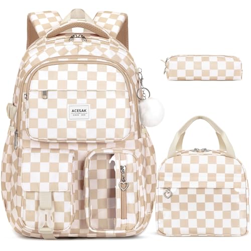 ACESAK Backpack for Girls - Girls Backpack with Lunch Bag & Pencil Pouch for Teen Kids Laptop Backpack for Women, Elementary Middle High School Bookbag Travel Daypack (Brown Checkered) - color: Brown Checkered