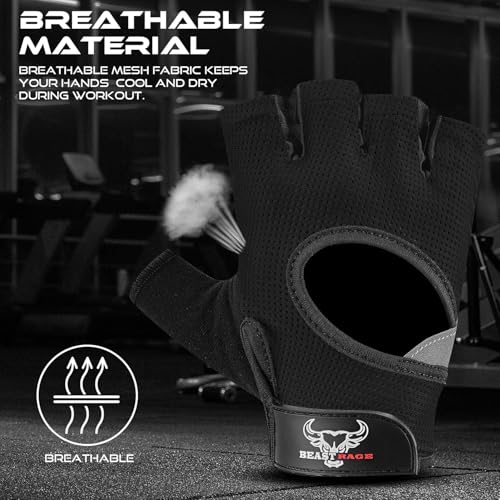 BEAST RAGE Fingerless Weight Lifting Gloves with Palm Protection Padding, Breathable Lightweight Gym Gloves for Men, Women, Weightlifting, Cycling, Exercise, Training Pull Up - color: Black, size: X-Small