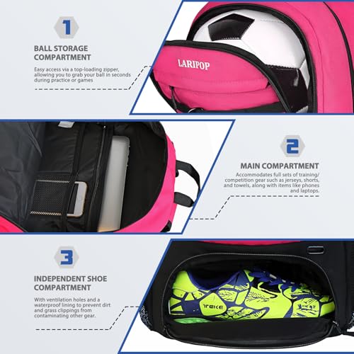 LARIPOP Soccer Backpack with Ball Holder & Shoe Compartment Large Capacity Sports Bag for Training - color: Pink