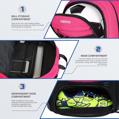 LARIPOP Soccer Backpack with Ball Holder & Shoe Compartment Large Capacity Sports Bag for Training - color: Pink