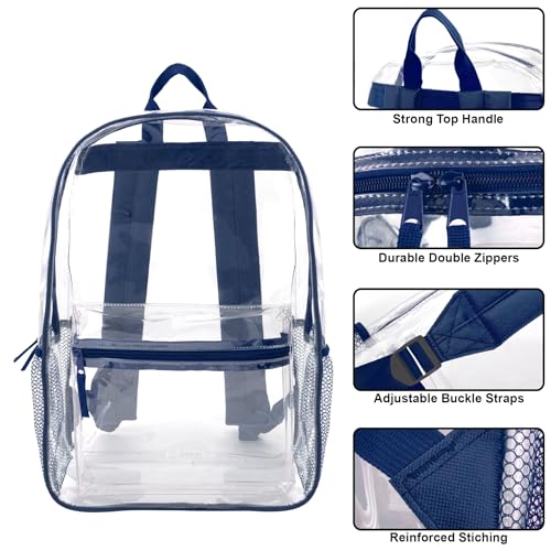 Trail maker Clear Backpack Heavy Duty with Padded Straps, Side Pockets for Kids, Boys, Girls, School, Stadium Approved Events - color: Navy