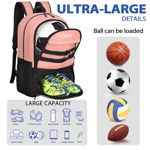 LARIPOP Soccer Backpack with Ball Holder & Shoe Compartment Large Capacity Sports Bag for Training - color: Flesh Pink