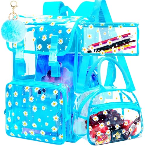 3Pcs Clear Backpack for Girls, School Kids Transparent Bookbag Set, 17" Daisy Stadium Approved See Through Backpack with Lunch Box (Blue) - color: Blue Daisy01