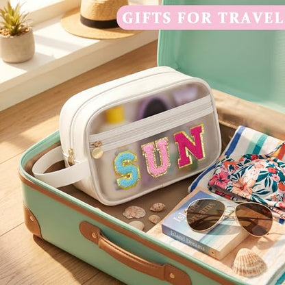 COSHAYSOO Clear SUN Makeup Bag Sunscreen SPF Pouch Beach Pool Lake Spa Travel Cosmetic Toiletry Stuff Organizer for Women Teenage Girls Mothers Day Nurse Appreciation Graduation Preppy Gifts - color: White-SUN