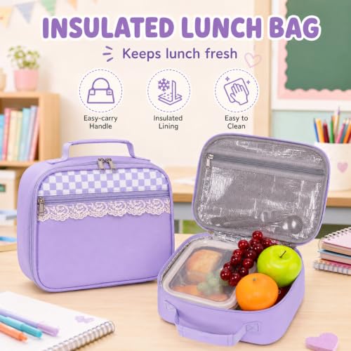 Bluboon Backpack for School Teen Girls Bookbags with Lunch Bag & Pencil Case Aesthetic Water Resistant School Bags for Kids - color: Purple Gingham