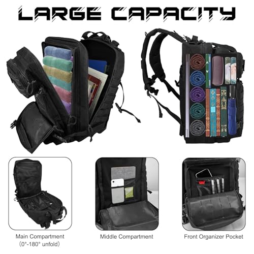 WOLT Military Tactical Backpack for Men 45L Molle Backpack 3 Day Assault Pack Bug Out Bag, Heavy Duty Rucksack for Hiking Gym(Black) - color: Black