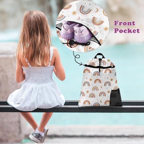 Boho Rainbow Drawstring Backpack, 15” x 17” Waterproof Swim Bag for Beach Swimming Pool, Lightweight Foldable Gym Bag with Water Bottle Holder for Sports Travel - color: Boho Rainbow