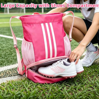 Soccer Bag, Youth Soccer Basketball Bag with Compartments Drawstring Backpack for Football Volleyball Gym Training (Pink) - color: Pink