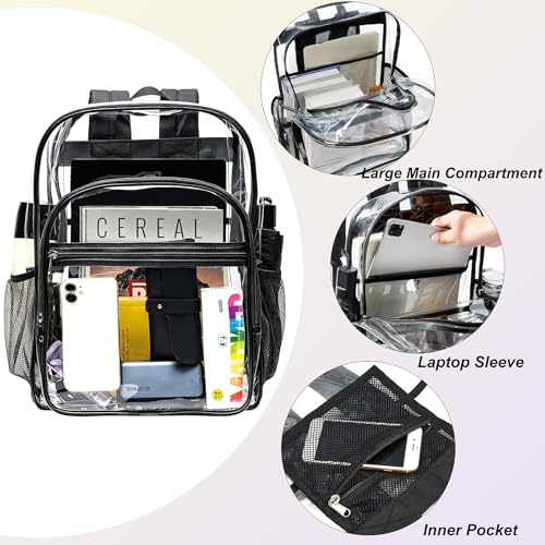 gdbis Clear Backpacks for School - 17 Inch Extra Large Transparent Heavy Duty Clear Bookbag for Boys & Girls See Through PVC School Backpack with 2 Front Pockets for Work, College, Concert, Black