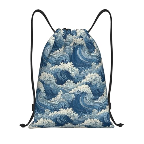 Gianlaima Japanese Blue Sea Waves Drawstring Backpack Sport Gym Sack Yoga Dance Travel Bag For Men Women - color: Black18