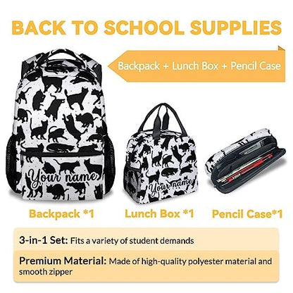 Personalized Cat Backpack with Lunch Box and Pencil Case, 16 Inch Cat Theme Bookbag with Adjustable Straps, Durable, Lightweight, Large Capacity, School Backpack for Girls Women - color: Color-3-3
