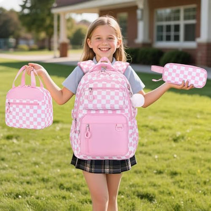 Bevalsa Backpack for Girls 3PCS Teen Girls Pink Backpack for School with Lunch Bag Pencil Case Cute Kids Laptop Backpacks Bookbag for Elementary Middle High School College Student (Checkerboard) - color: Pink Checkerboard