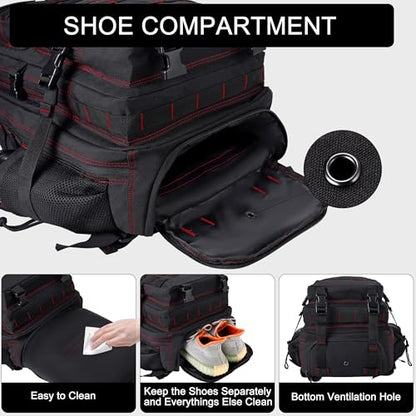 LHI Military Tactical Backpack for Men and Women 45L Army 3 Days Assault Pack Bag Large Rucksack with Shoe Compartment - Black red line - color: 1.21 Shoe Compartment（black Red Line）