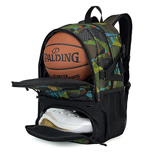 GRANDUP Basketball backpack with ball and shoes compartment Fit Volleyball, soccer, Swim, Gym, Travel, and School, large capacity sports training equipment bags - color: polygon camo