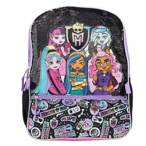 AI ACCESSORY INNOVATIONS Monster High 4 Piece Backpack Set, Clawdeen Wolf, Cleo DeNile, Dracularua, Frankie Stein, & Lagoona Blue Bookbag, Flip Sequins 16” School Bag, Black & Pink - color: Monster High