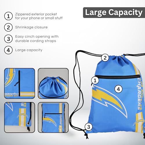 FOCO Los Angeles Chargers NFL Drawstring Backpack with Zippered Pocket — Officially Licensed, Cordura Nylon - color: Los Angeles Chargers