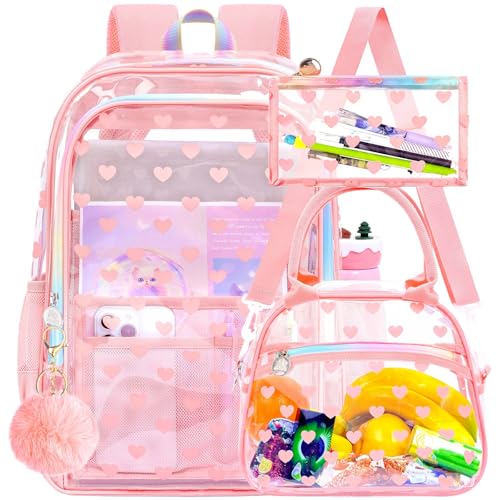 gxtvo 3PCS Transparent Backpack Heavy-Duty Set for Women & Teen Girls, 17" Pink Clear Bookbag with Rainbow Strap, Cute Love See Through School Bag - color: Pink Love Accents Clear Backpack Set