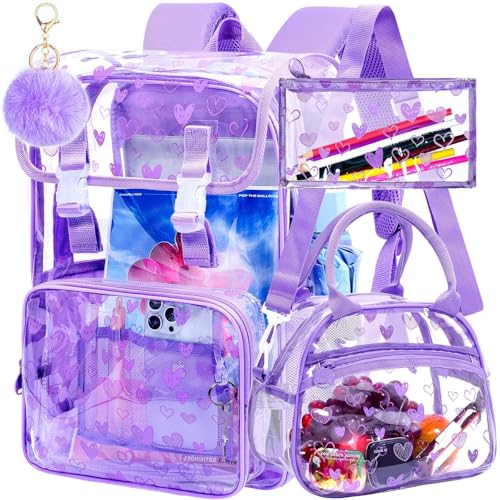 17" Clear Backpack for Girls, School Kids Transparent Bookbag Set, 3Pcs Stadium Approved See Through Backpack with Lunch Box (Purple) - color: Clear Love Purple Flip